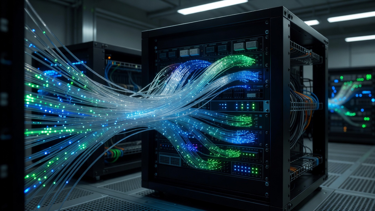 Bundle of glowing optical fibres feeding into a rack of quantum key distribution equipment