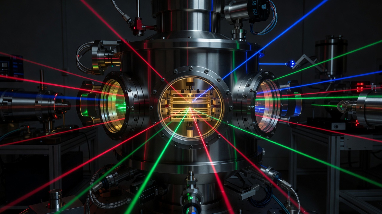 Ultra-high vacuum chamber with viewports and laser beams surrounding a linear ion trap