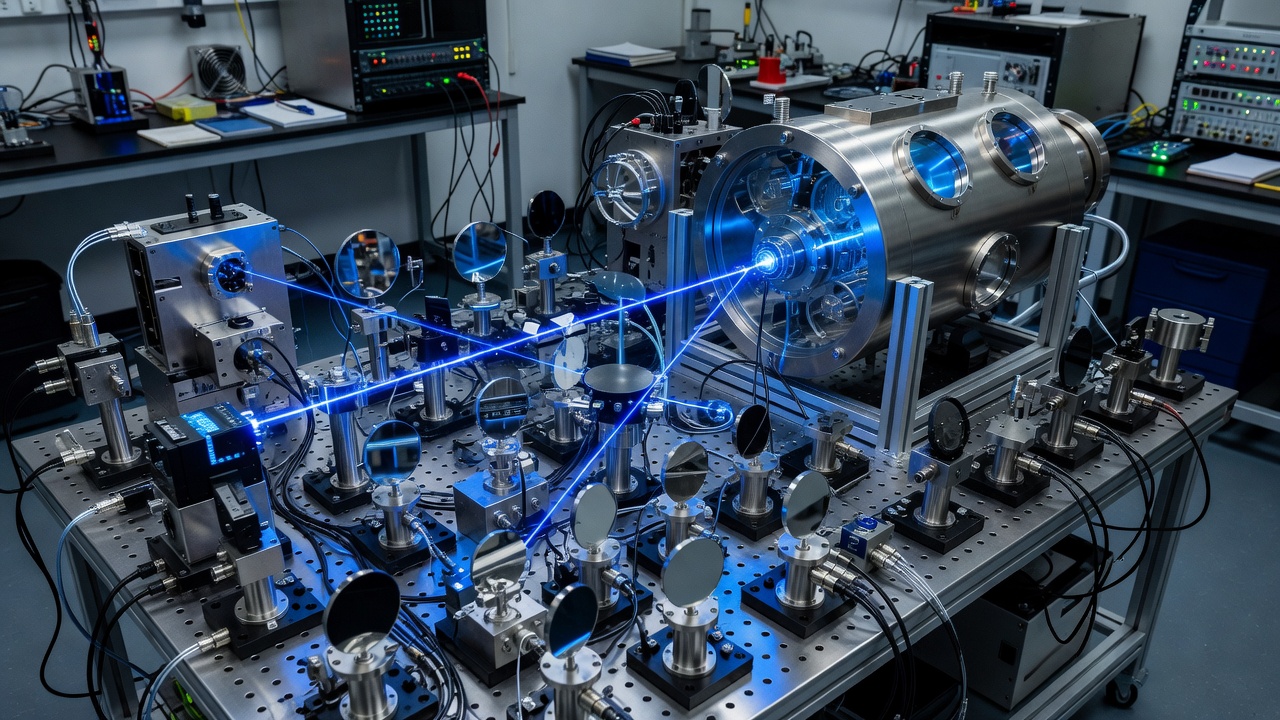 Optical table crowded with mirrors and a blue laser beam feeding a strontium optical lattice clock vacuum chamber